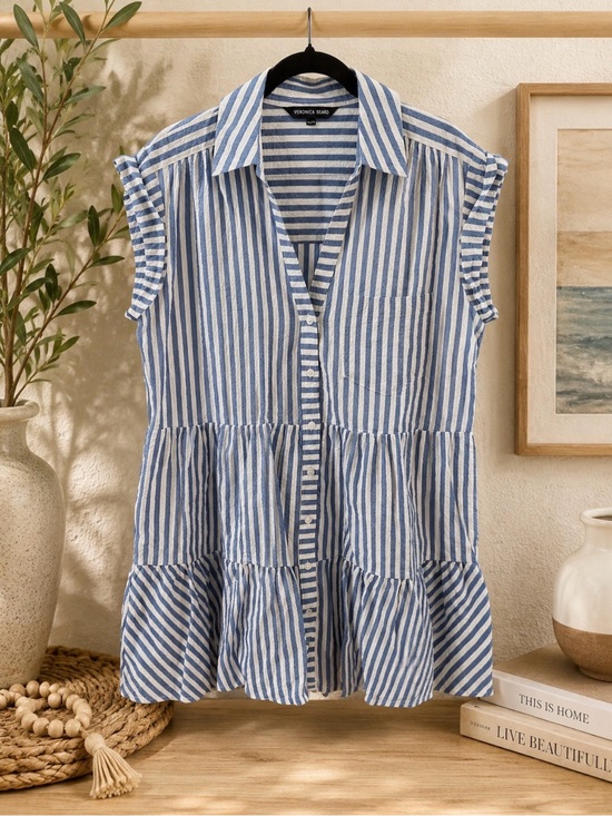 Veronica Beard Tops - Veronica Beard Blue & White Striped Tiered Button-Front Sleeveless Tunic/Dress